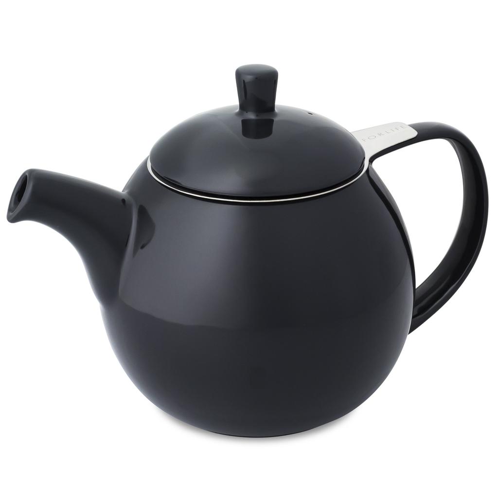 ForLife Teapot, Ceramic, 710ml Capacity, Holds 4 Cups, Includes Tea Strainer, Microwave and Dishwasher Safe, Black, Carved Teapot, 387Bkg