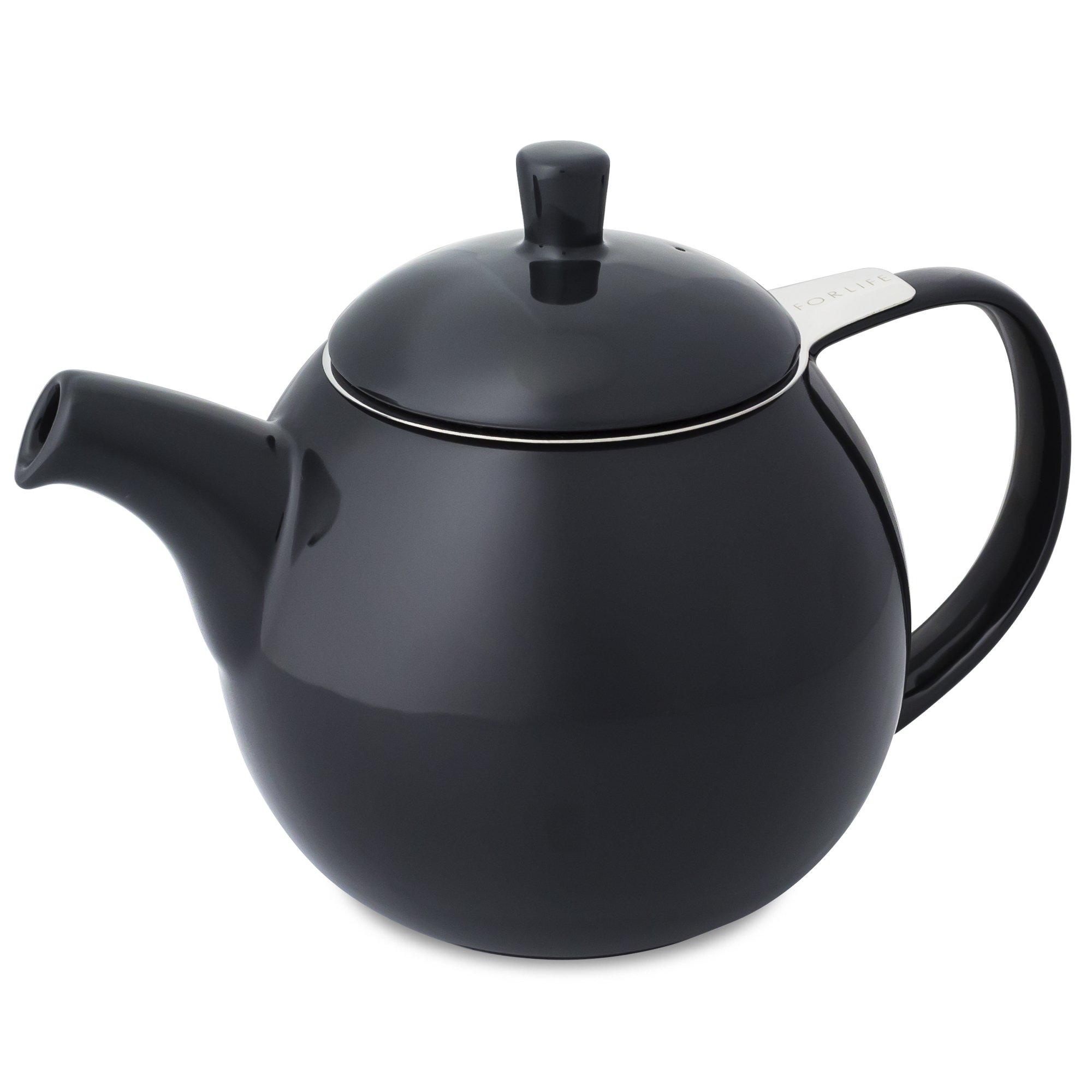 

ForLife Teapot, Ceramic, 710ml Capacity, Holds 4 Cups, Includes Tea Strainer, Microwave and Dishwasher Safe, Black, Carved Teapot, 387Bkg