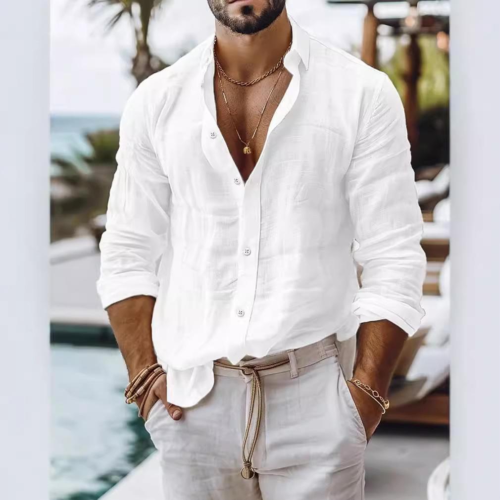 Men Solid Color Cotton Linen Shirt Casual Style Long-sleeved Business Casual Shirt Cross-border Independent Station