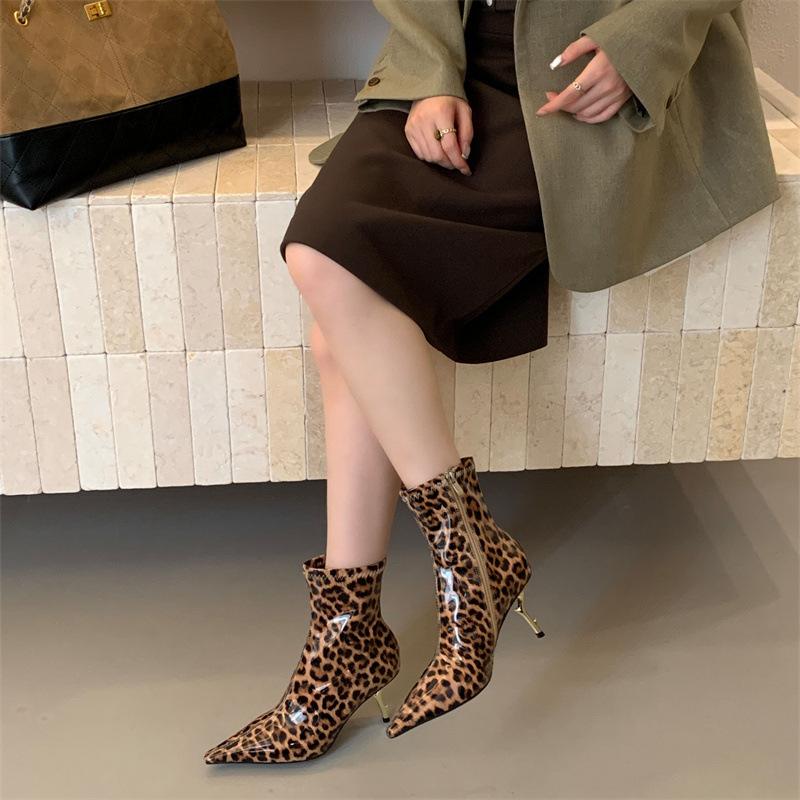 Sexy Leopard Print High-heeled Thin Boots 2025 New Pointed Metal Stiletto Side Zipper Fashion Boots