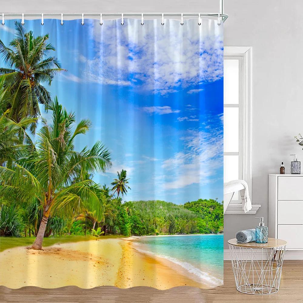 Seaside Beach Shower Curtains Summer Vacation Coconut Trees Seascape Sea Scenery Bathroom Decorations Polyester Bath Curtain