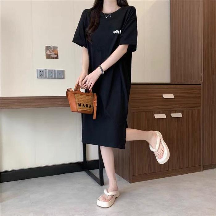 

Летнее Инс Корейская Версия Длинное Платье-Футболка, Женское Свободное Большого Размера Платье с Короткими Рукавами и Разрезом До Колена, и Длинная Юбка, Которая Закрывает Живот M чёрный