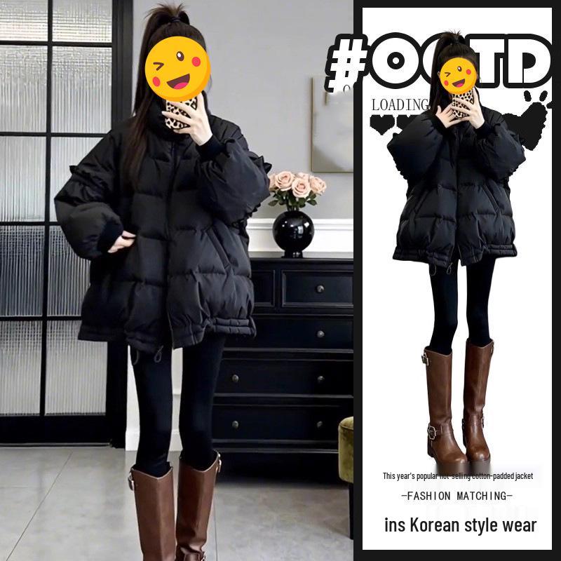 

2025 Winter Women s Korean Style Black Cotton Jacket – Trendy, Versatile, Fashionable, Age-Defying. 2XL [130-145 jin]