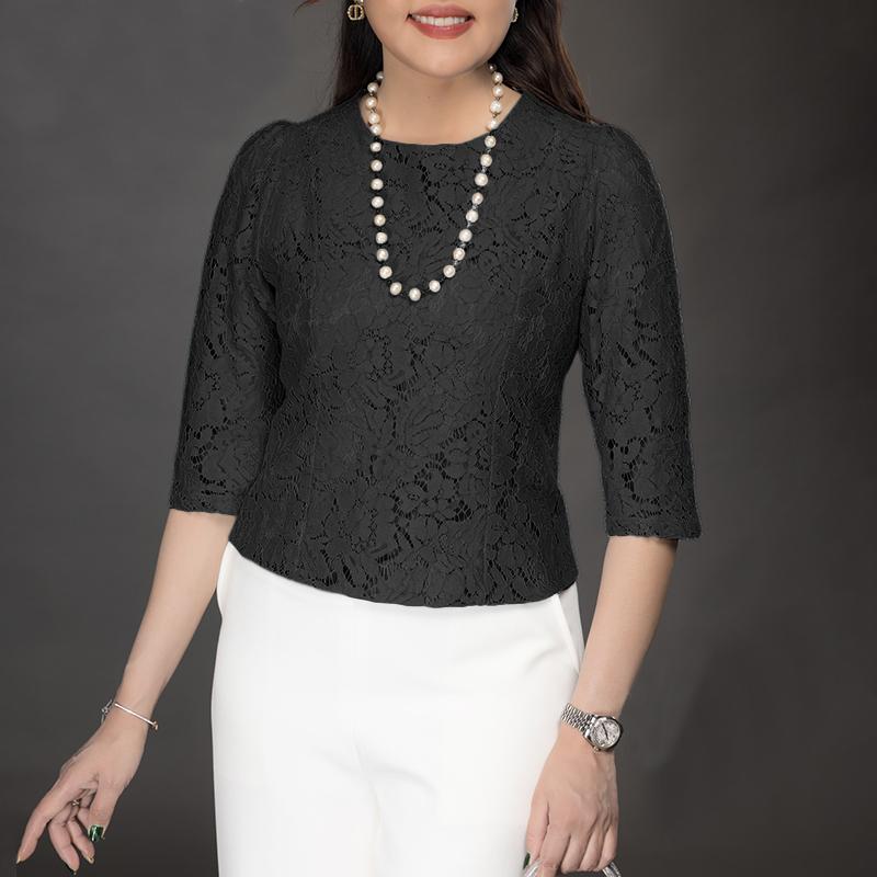 ZANZEA Kadın Günlük Yuvarlak Yaka 3/4 Kol Dantel Patchwork Bluz