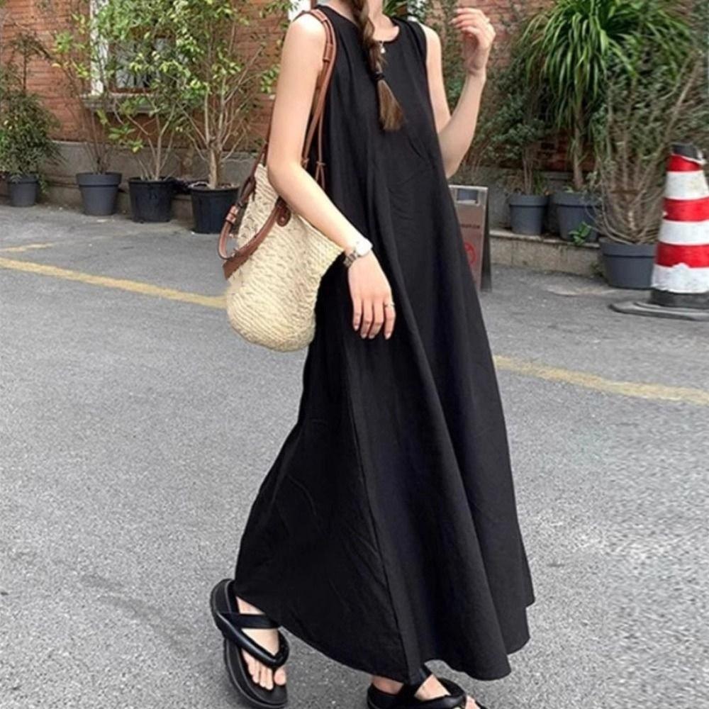 Round Neck Vocation Vest Dresses Hollowed Out Open Back Long Dress Summer Sleeveless Dress  Teens