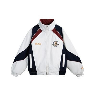 2025 Unisex Retro Embroidered Color Block Stand Collar Cotton Jacket: Trendy, Warm, Zipper Outerwear for Couples
