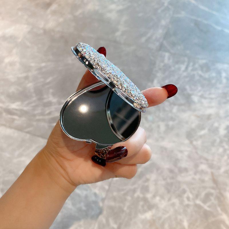 Portable Diamond-encrusted Hand-held Folding Double-sided Mirror Korean Creative Mini Makeup Mirrors  Pratical and Small