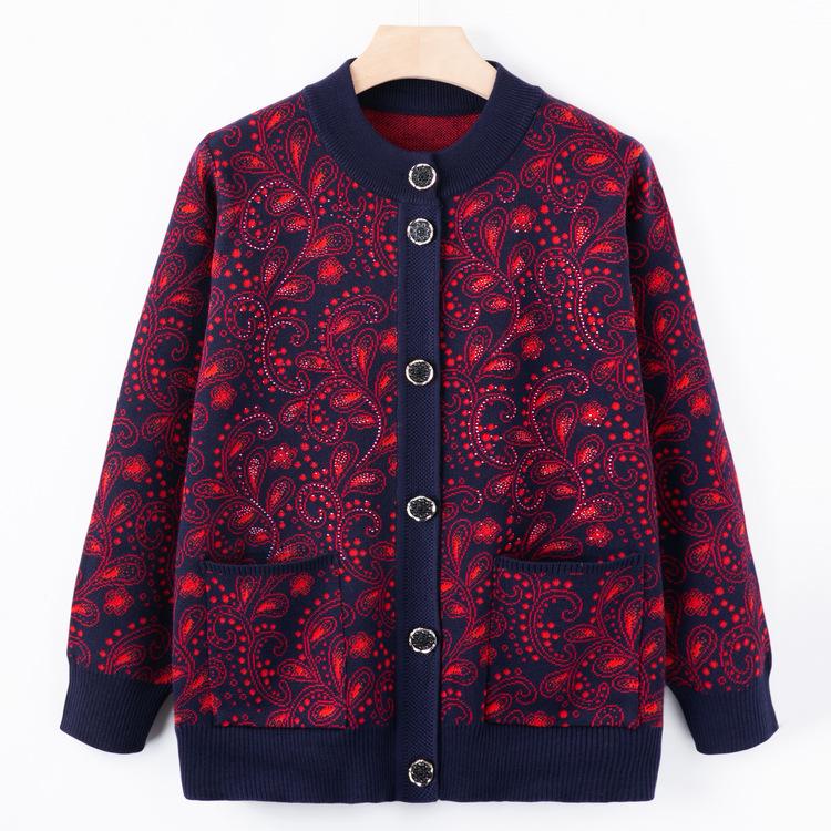 Strikket cardigan for eldre og middelaldrende kvinner høst og vinter, løs genser i pluss-størrelse for eldre og mødre, ny høstkåpe med rund hals