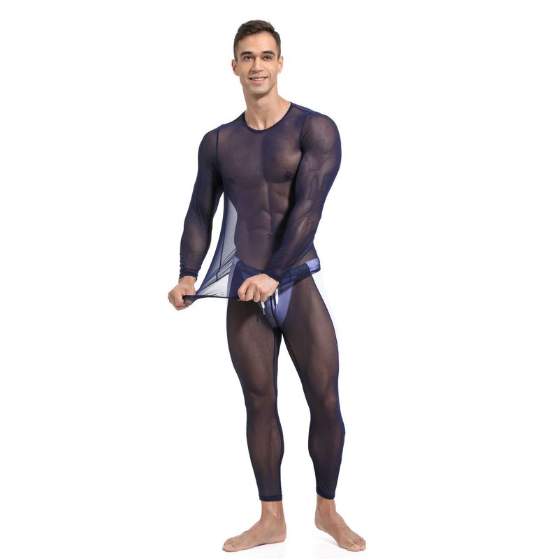 New Cross-Border Mesh Breathable Men s Sport Suit Long-Sleeved Trousers Fashion Royal Blue S
