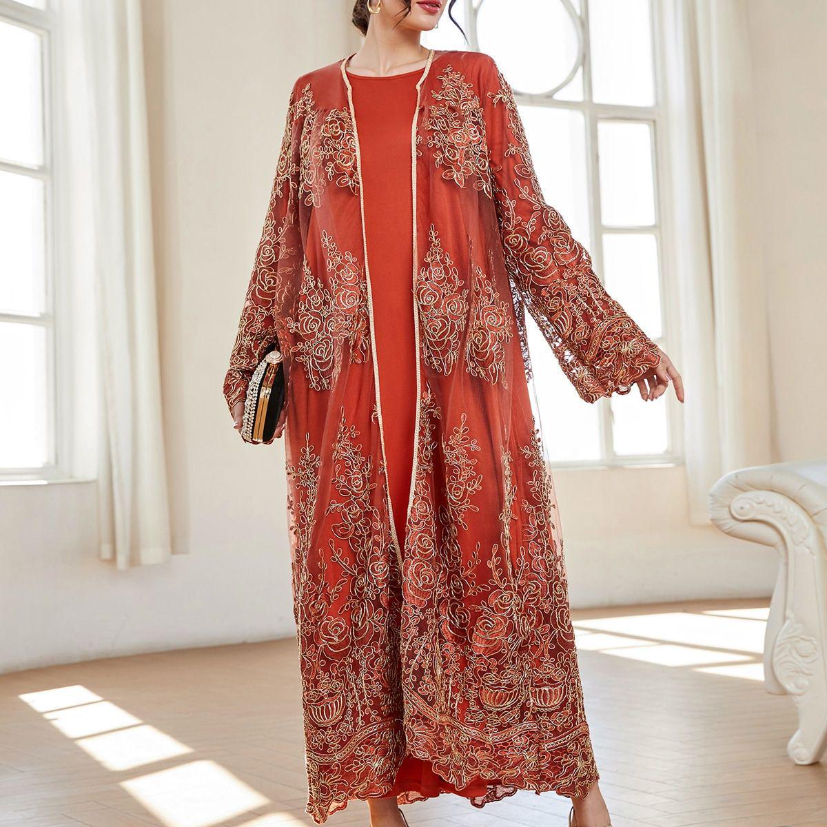 

Кардиган-халат для мусульманок весна/лето 2025 с кружевной вышивкой XL оранжевый