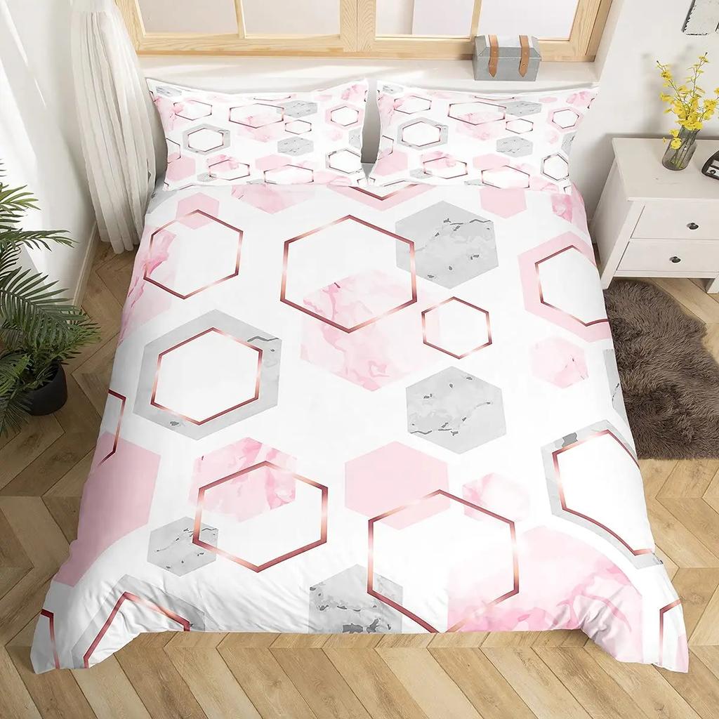 Honeycomb Duvet Cover Set Queen Size Geometry Hexagon Theme with Pink Blue Neon Lights Chic Comforter Cover for Boys Teen Man