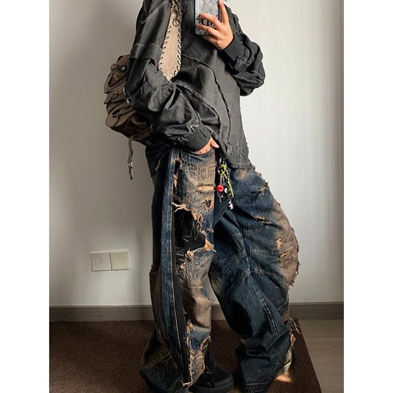 High Street Fashion Wide Leg Pants Women American Retro Distressed Wash Destroyed Scimitar Pants Color Blocking Design