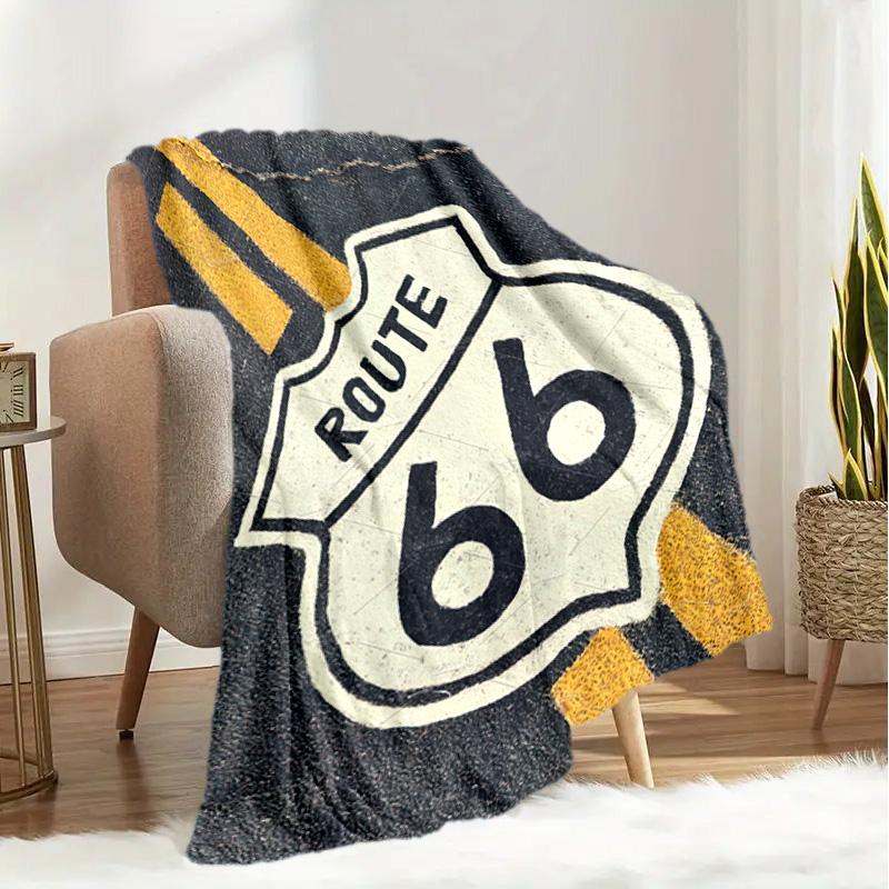 1Pz Coperta con motivo Highway 66, leggera per tutte le stagioni, per casa, ufficio, pisolino all'aperto, coperta multifunzionale