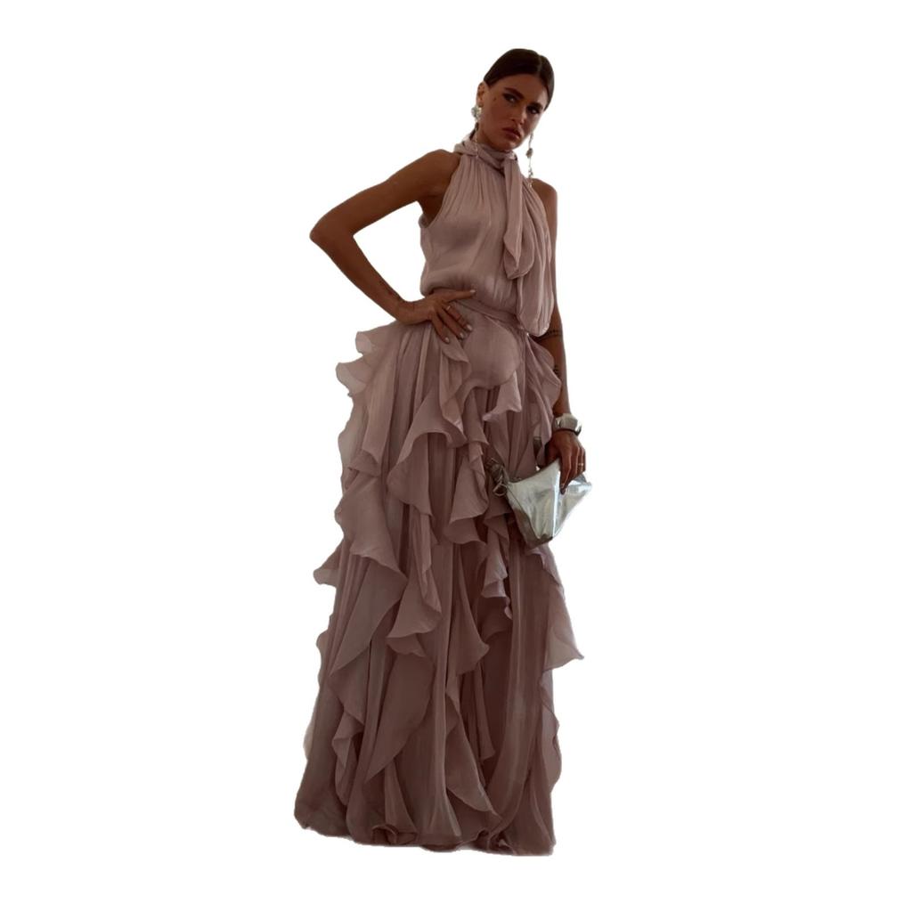 European and American Women's Clothing Summer New Temperament Elegant Ruffle Edge Pleated Slim Sleeveless Long Dress