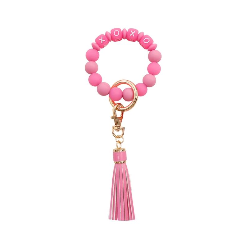 Браслет-брелок для ключей Браслет-браслет для брелка Браслет-цепочка с флуоресцентной силиконовой бусиной Кожаная бусина Брелок для W 1 розовый