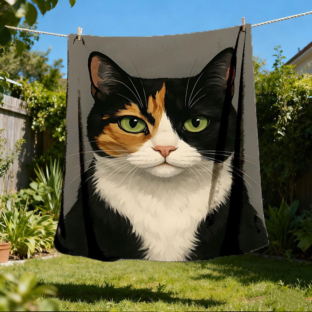1pc Calico Cat Outdoor Flannel Blanket Soft All Season Polyester Throw , Perfect for Picnics & Travel , Picnic Accessory