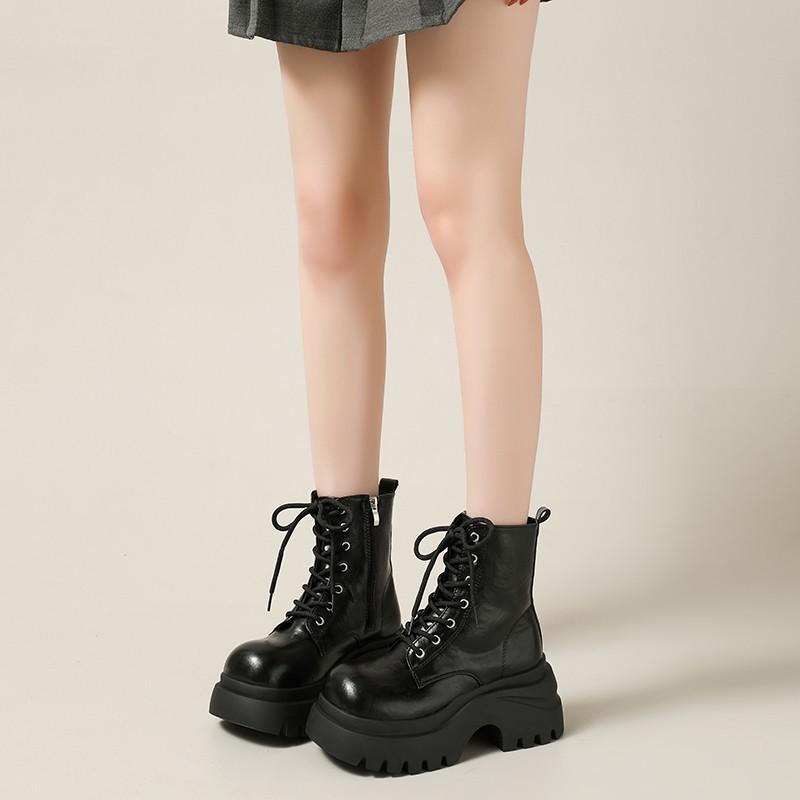 Fashion British Style Autumn Platform Boots Shoes for Women Fashion Lace Up Round Toe Ankle Boots Chunky Heeled Ladies Short Botines