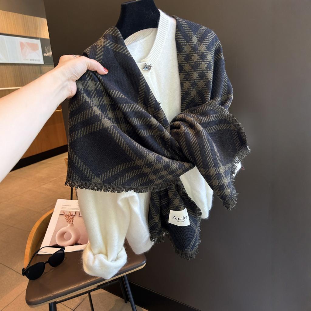 Women's New Winter Wool Scarf British Style Twill Plaid Shawl Versatile Warm Scarf