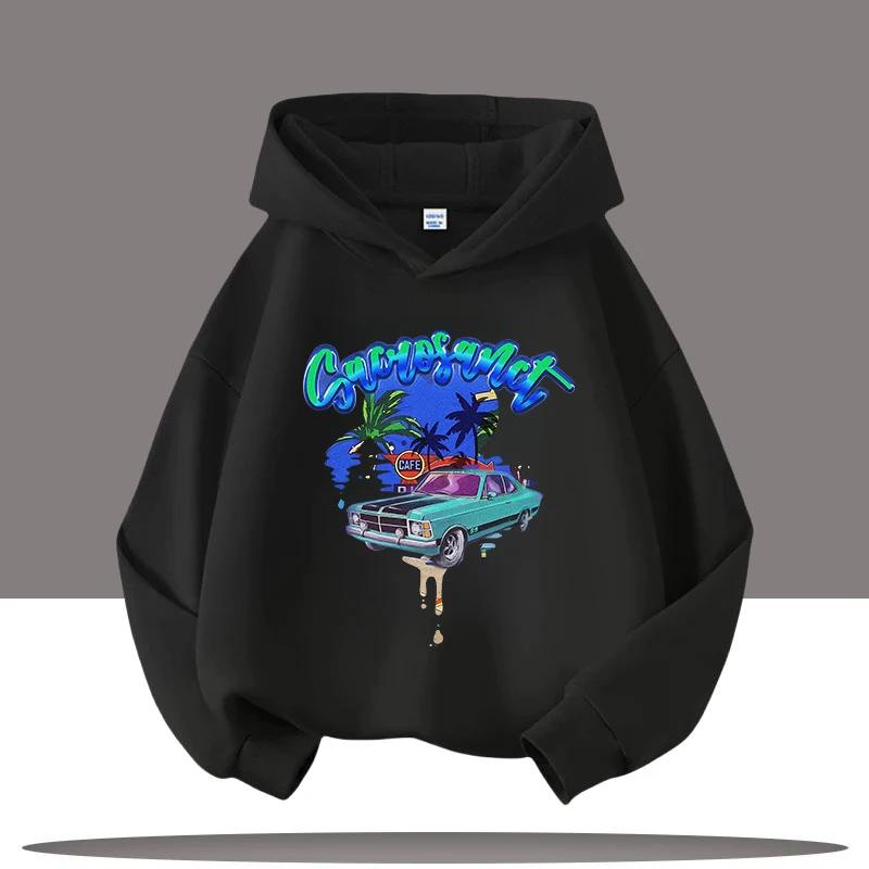 Hip-hop Style Boys' Sport Shirt Retro Car Kids Hooded Sweatshirt, Cartoon Print Girls Casual Top Fall Winter Clothing