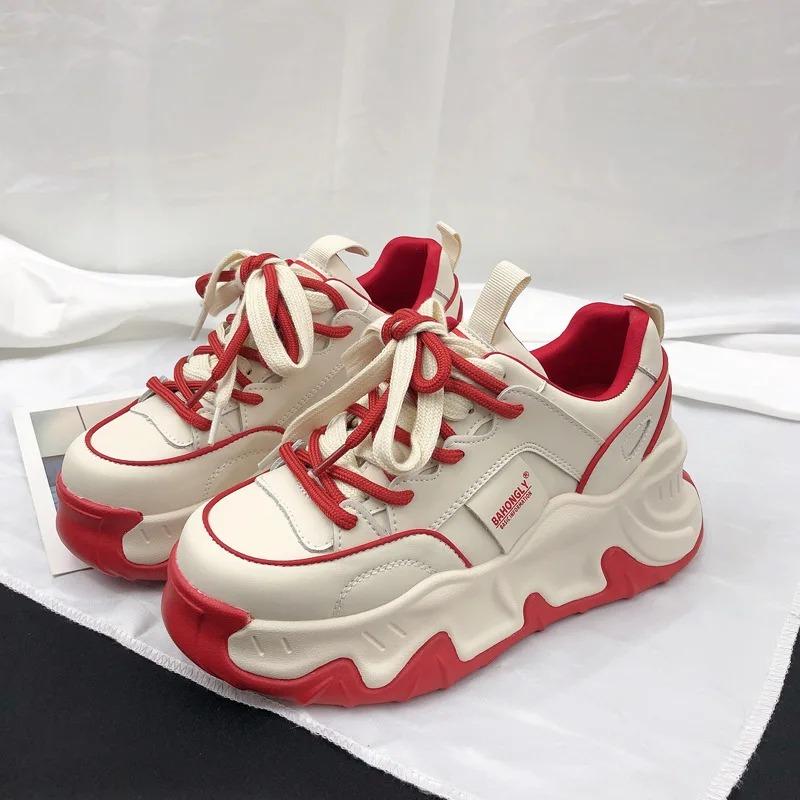 Fashion High Quality Woman Pink Board Shoes Trend Comfortable Thick Sole Increase Casual Shoes Female Sneakers Fashion Lace Up Flat Shoe