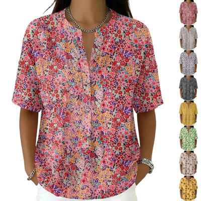 Dames Blouse met Bloemendruk V-hals Korte Mouwen Pullover Top Casual Lichtgewicht Zomerhemd