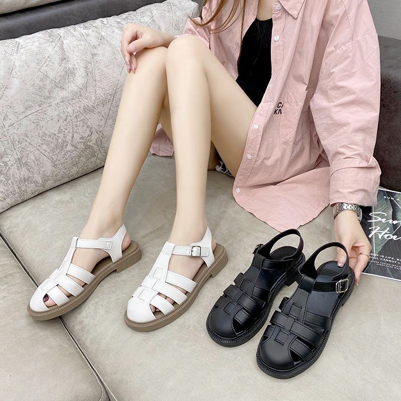 Fashion Flat Shoes Women Sandals Retro Braided Roman Sandals Women's Summer Baotou Versatile Soft Bottom Hollow Casual Round Toe Sandals