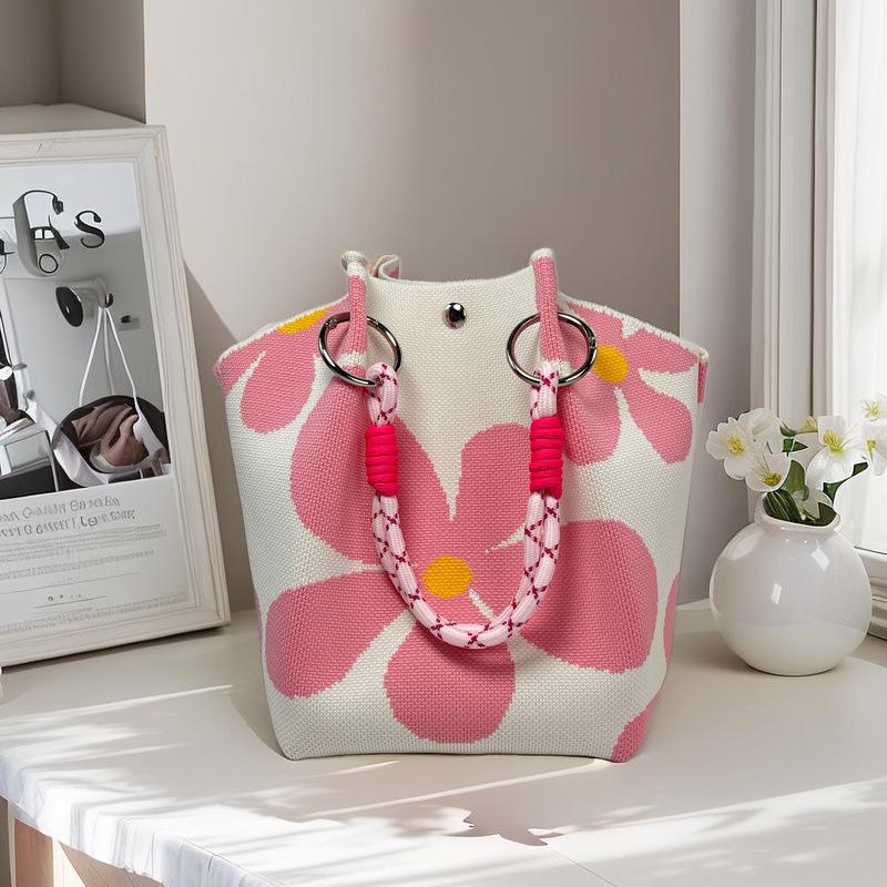 Knitted Tote with Woven Ring Buckle, 3D Magnetic Snap Handbag & Clutch
