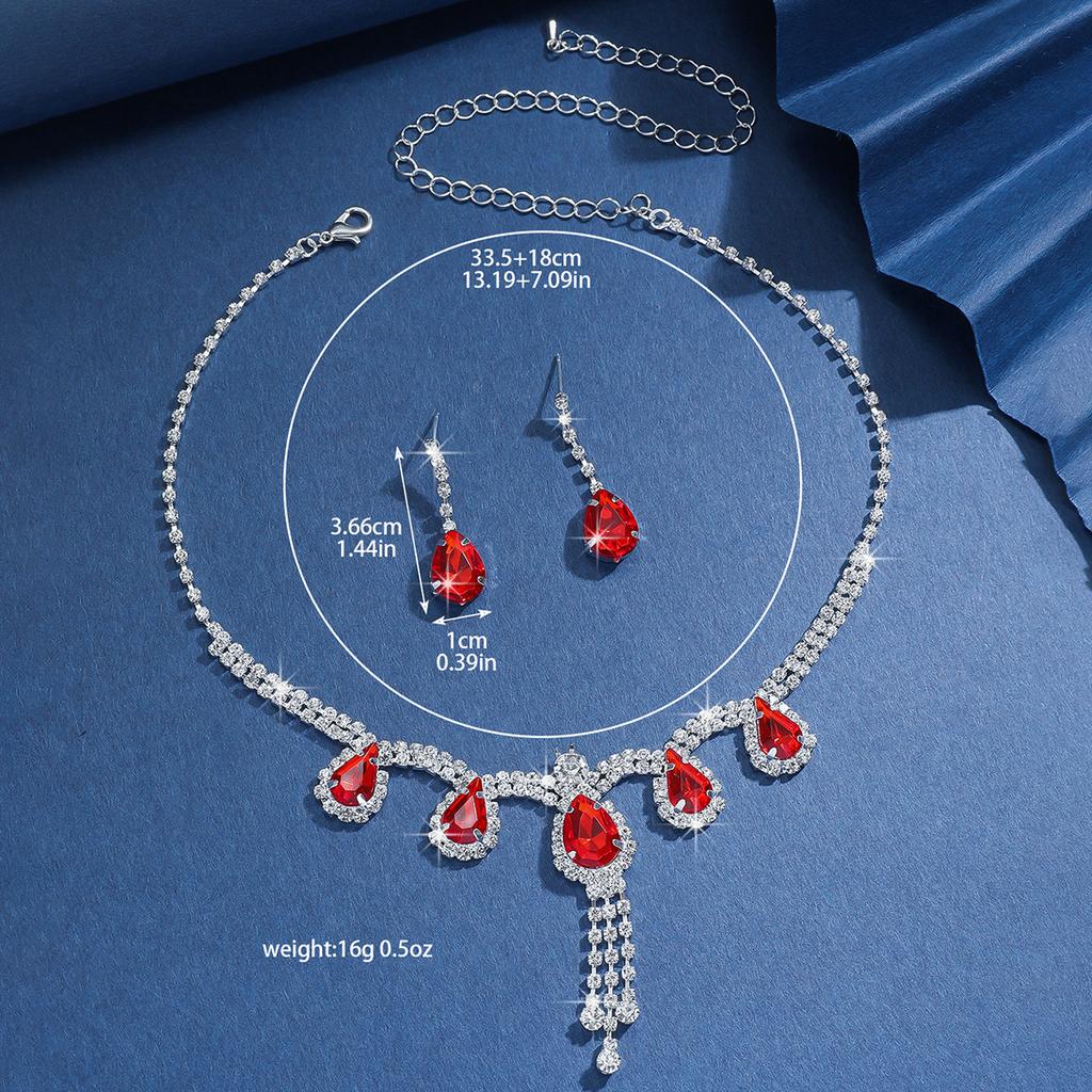 3PC Women's Fashion Water Drop Tassel Necklace Earrings Zircon Set Wedding Banquet Party Holiday Gift