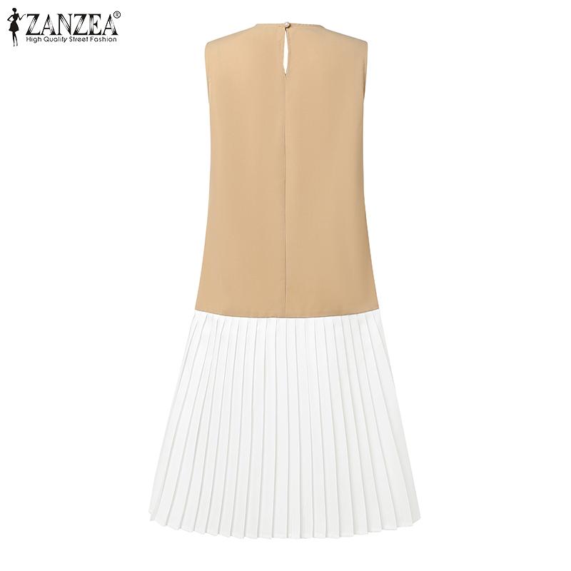 ZANZEA Women Casual Round Neck Sleeveless Pleated Patchwork Dress