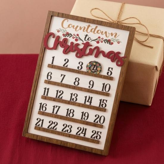 Artistic Window Decoration Wooden Christmas Countdown Calendar, 25 Days Advent Calendar Sign with Natural Poplar Wood Craft Movable Wreath Marker,