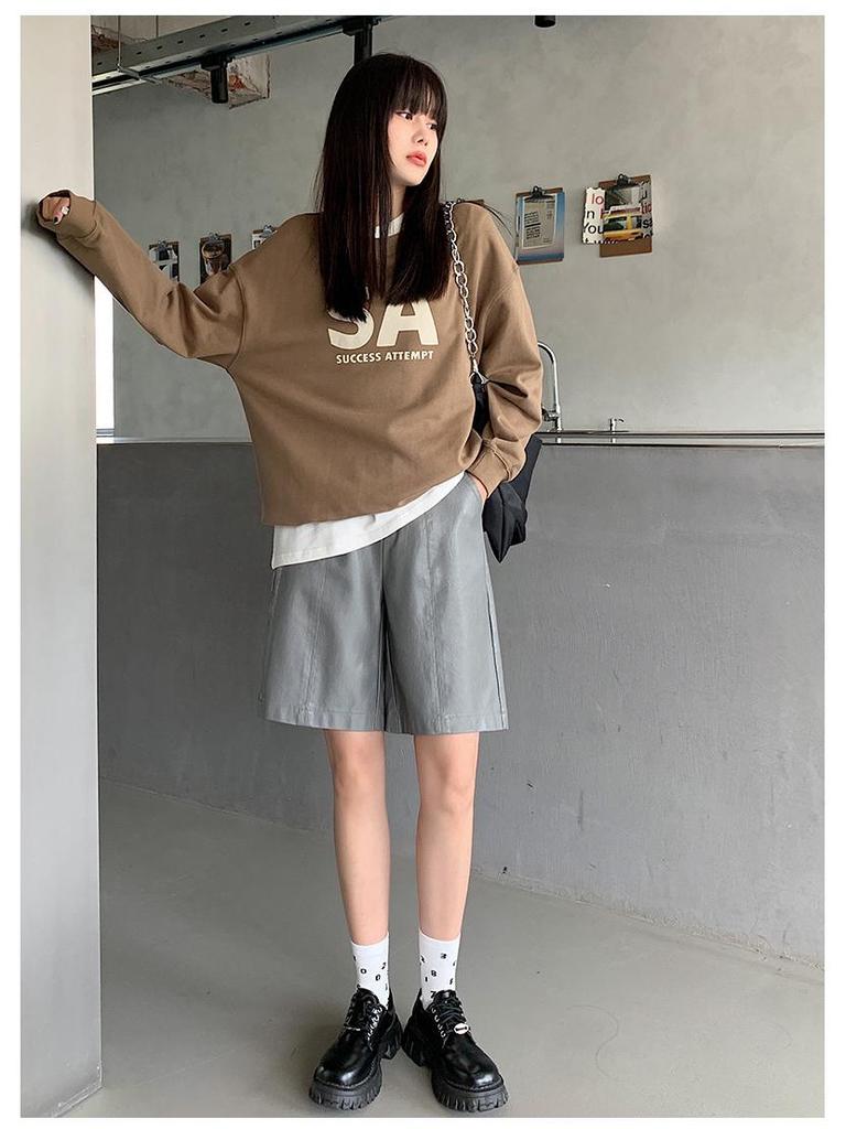 2025 Women's High Waist PU Washed Leather Bootcut Shorts - Mid-Length, Wide Leg, Loose Slimming Fit for Autumn/Winter