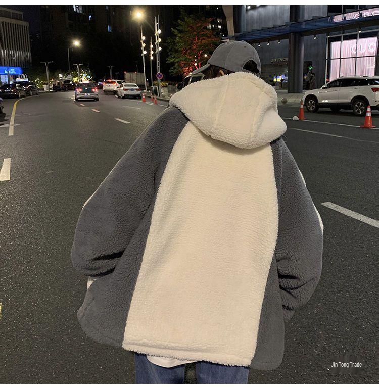 Men's Winter Lambswool Hooded Jacket: Loose, Plush, Trendy Korean Style for Couples.