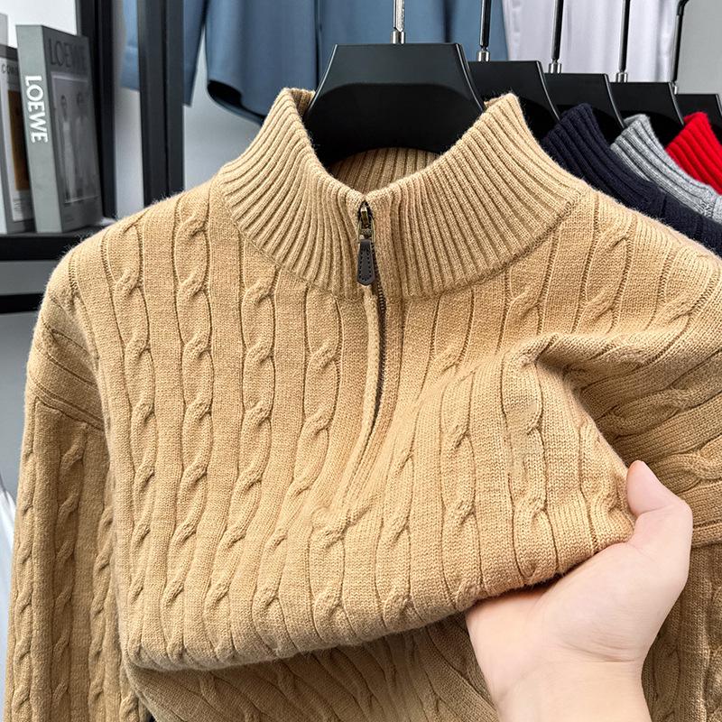 Men's Light Luxury Cable Knit Half-Zip Sweater with Stand Collar - Business Casual Autumn/Winter Outerwear