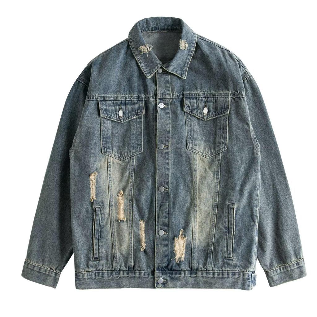 Men's Multi-Pocket Ripped Denim Jacket - Spring/Autumn, Trendy American Retro Street Style