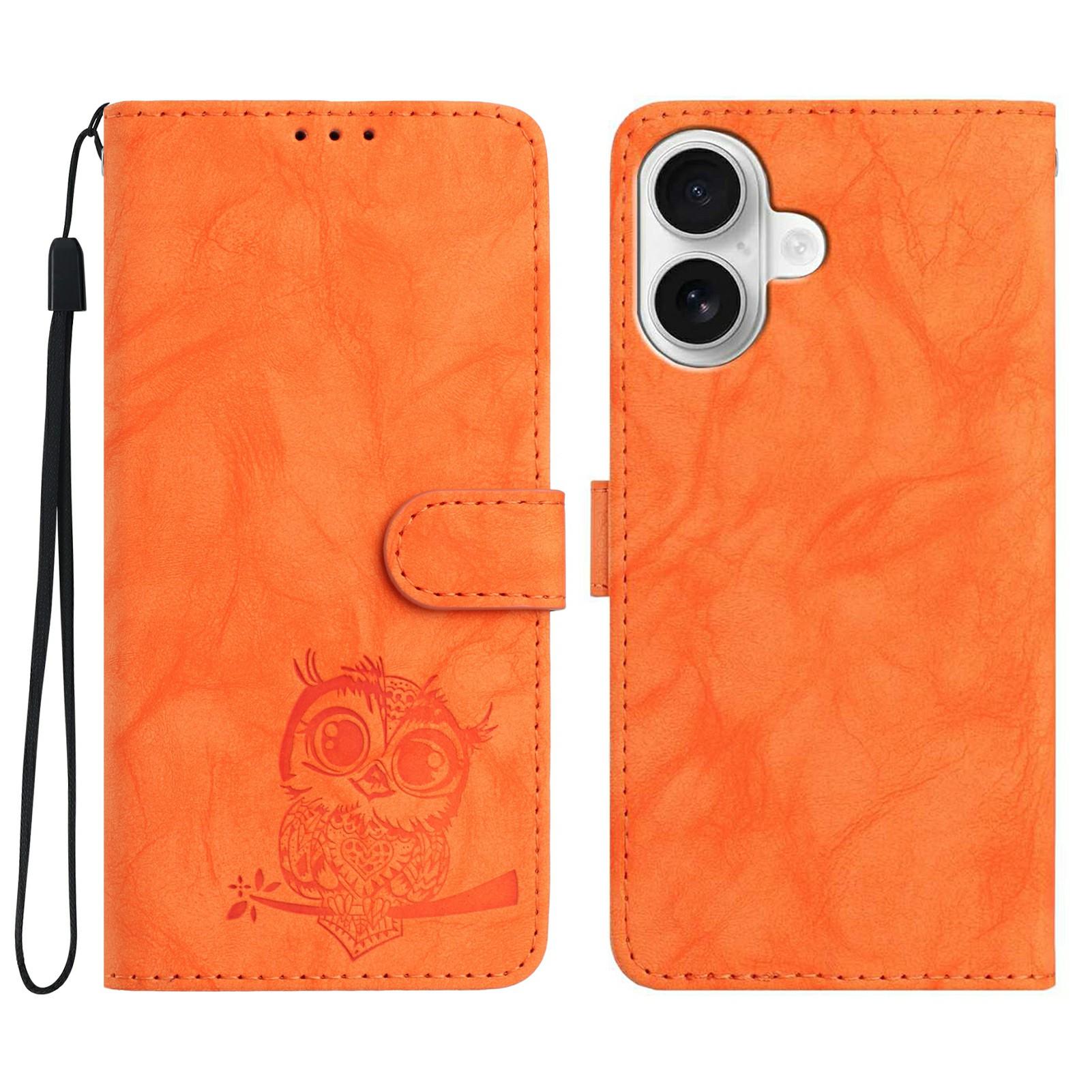 

For iPhone 16 Case Owl Imprinted PU Leather Wallet Phone Cover with Wrist Strap A