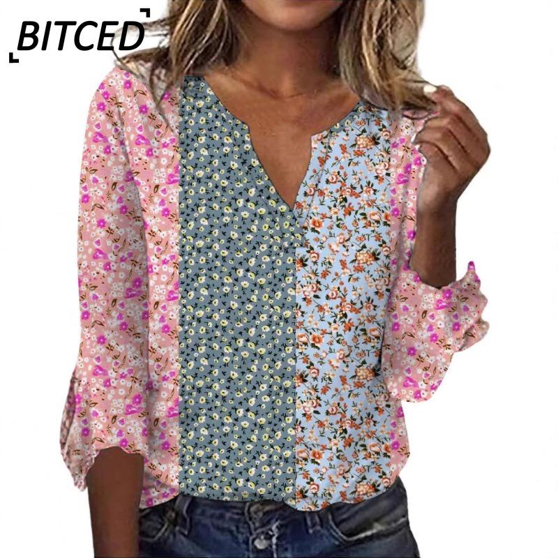 BITCED Damenmode Lässig Langarm V-Ausschnitt Blusen & Hemden