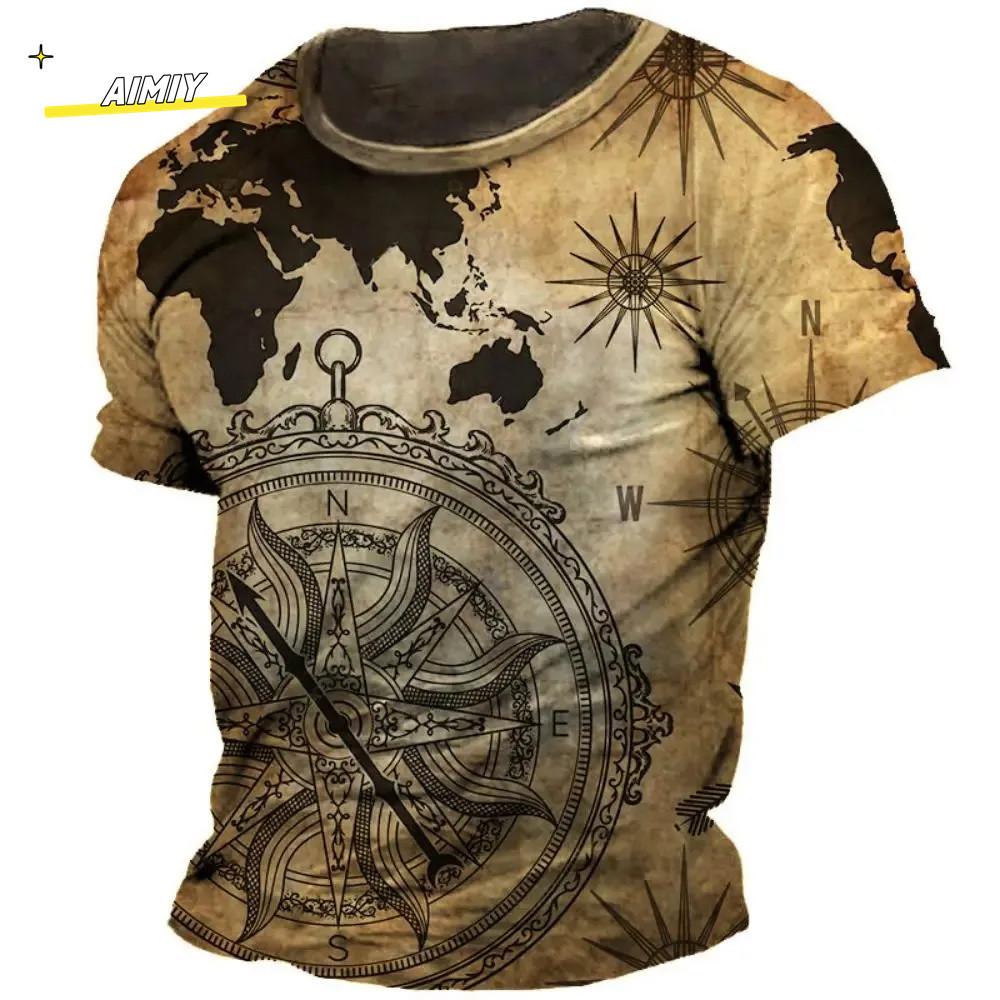 Vintage Summer Compass Pattern 3D Printed Short-sleeve Men's T-shirts Loose Daily Men Clothing Casual Streetwear
