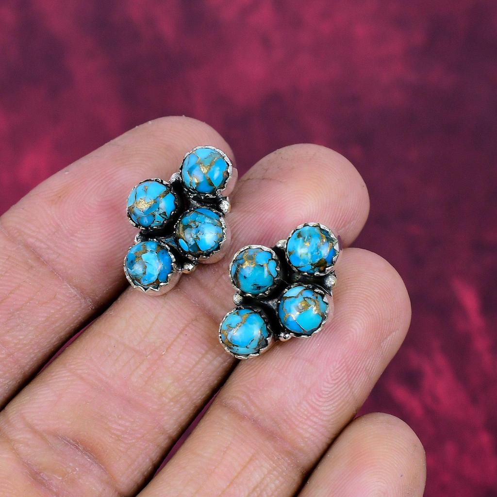 Blaue Kupfer Türkis Handgemachte Edelstein Ohrringe, 925 Sterling Silber Ohrringe Antiker Schmuck, Für Verlobungsgeschenk
