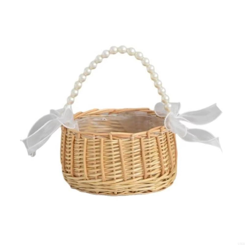 Pearls Handle Woven Basket Twin Fish Tail Design Flower Arrangement Basket  for Wedding