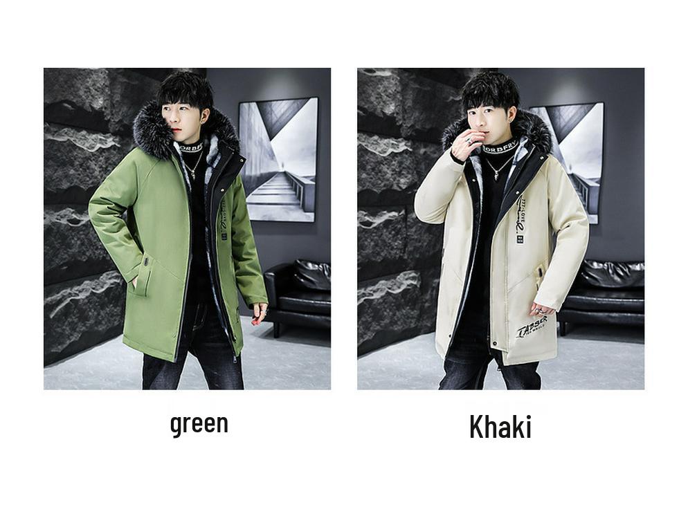 Men's Winter Fleece-Lined Hooded Cotton Coat - Color-Blocked, Warm, Mid-Length
