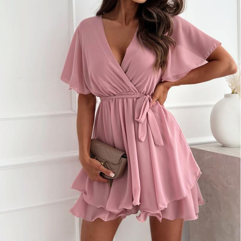 

GMXIA Женское летнее сексуальное мини-платье с V-образным вырезом и перекрестными бретелями, шифоновые платья с оборками XL