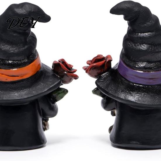 Wizard Hat Gnome Statue Halloween Skeleton Figurine, Gothic Witch Dwarf Statue, Figurine Holding Rose Sculpture for Party Decoration Hand Painted