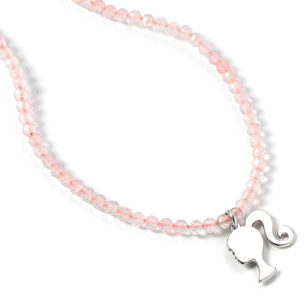 barbie Sterling Silver Silhouette Charm On a Rose Quartz Bead Necklace