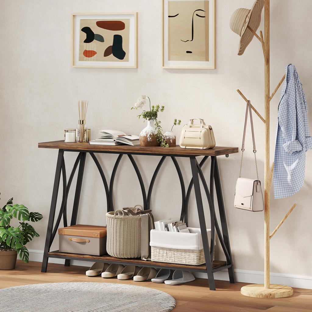 Narrow Console Table, Industrial 2-Tier Sofa Table with Metal Frame for Entryway, Living Room, 120x30x80cm, Rustic Brown