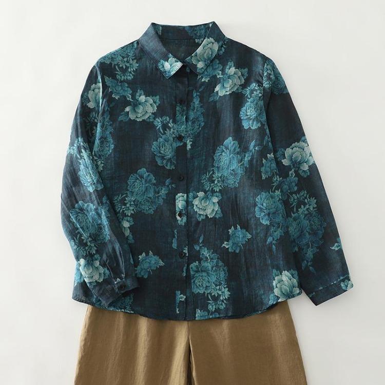 Autumn New Floral Print Cotton Long Sleeve Blouse Casual Loose Plus Size Women Tops Tees Shirts