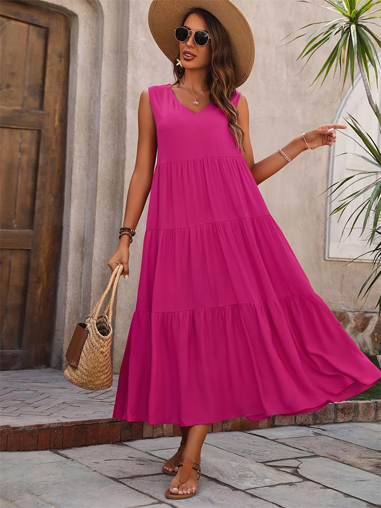 Women's Skirt 2024 New Elegant Holiday Solid Color V-neck Layered Splicing Hem Loose Dress, Cake Skirt