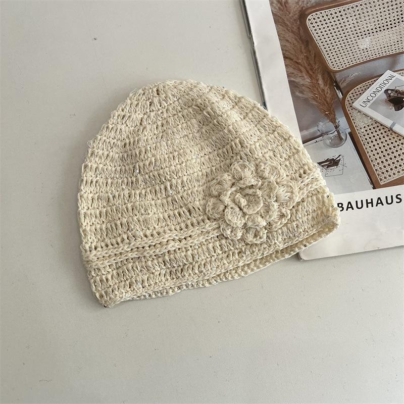 Sequined Flower Knitted Headgear Women's Spring and Summer Breathable Mesh Casual Versatile Retro Cold Hat Ear Protection Hat Shows Small Face