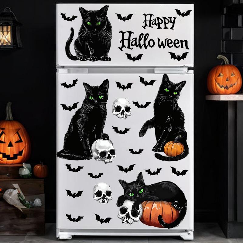 New Halloween Glass Window Stickers, Electrostatic, Black Cat Silhouette, Window Display Stickers, Bat Pumpkin, Holiday Refrigerator Stickers