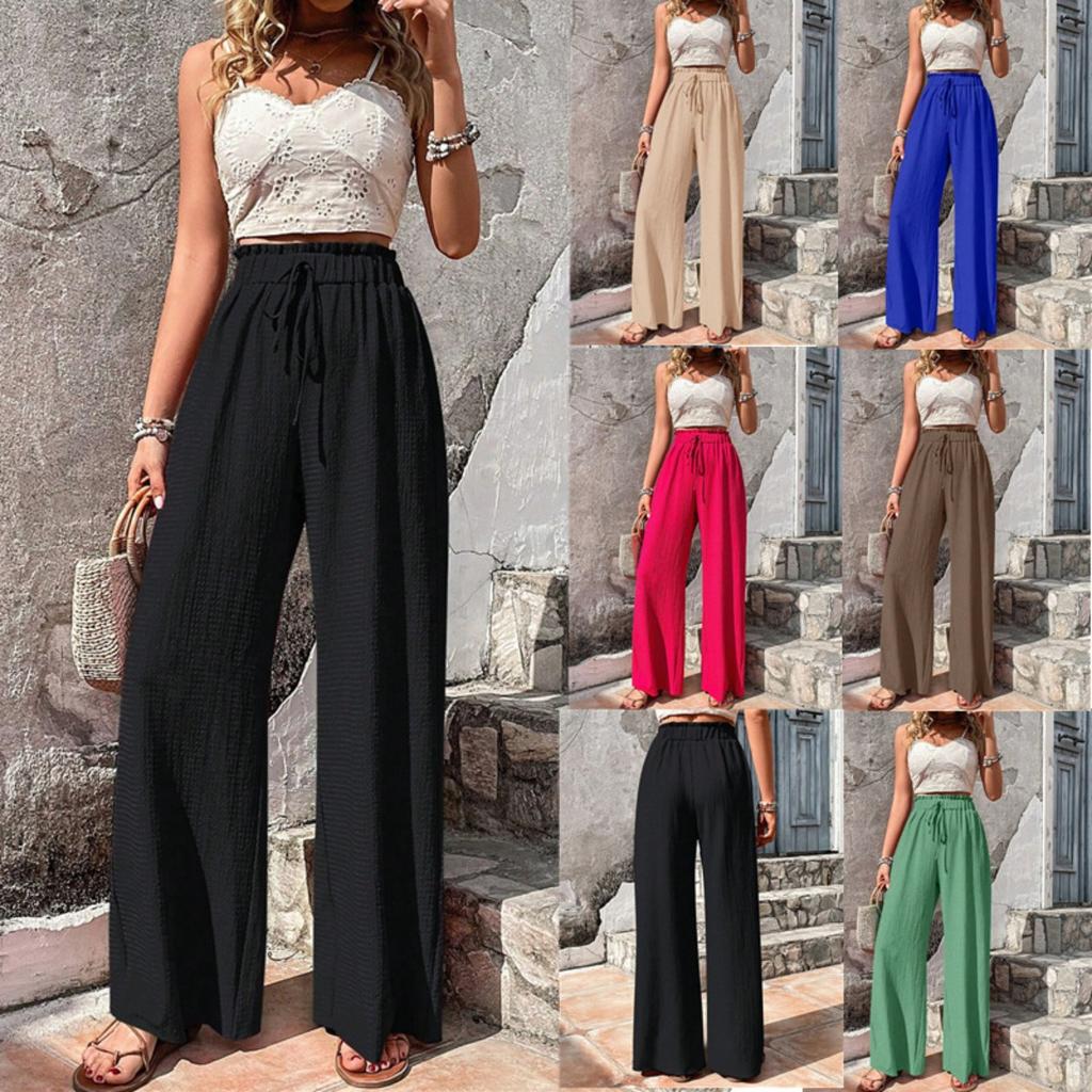 Women's Drawstring Elastic Waist Textured Crinkle Wide Leg Pants Loose Fit Casual Summer Beach Trousers