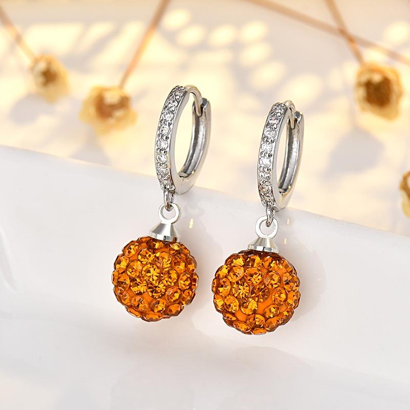 Women S925 Silver Needle Full Crystal Round Ball Ear Buckle Fashion Earrings Jewelry